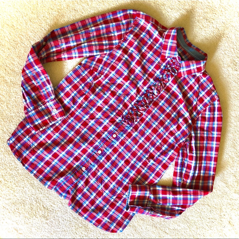 Talbots Ruffle Plaid Top Blue & Red